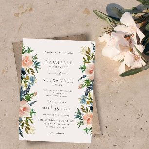 Navy, Dusty Blue & Pink Floral Wedding V2 Invitation