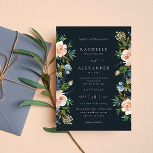 Navy, Dusty Blue & Pink Floral Wedding V2- Navy Invitation