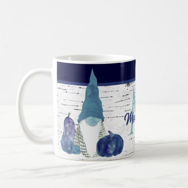 Navy Dusty Blue Pumpkin Gnomes Aspen Rustic House  Coffee Mug (Left)