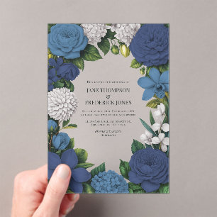 Navy, Dusty Blue & Silver Floral Wedding Acrylic Invitations