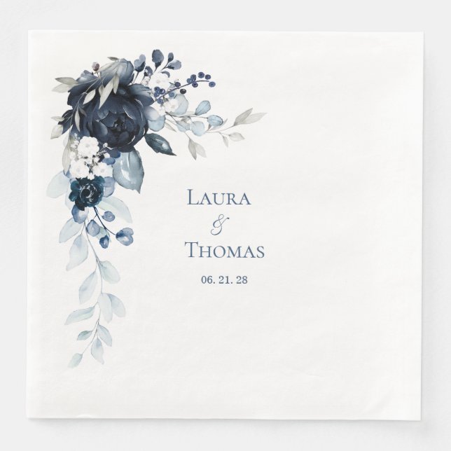 Navy Dusty Blue & White Elegant Wedding Napkin (Front)