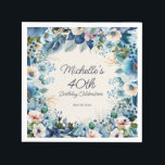 Navy Dusty Blue White Floral 40th Birthday Napkin<br><div class="desc">Elegant navy and dusty blue with white watercolor floral 40th birthday party paper napkins for women. Personalised with the name of the guest-of-honour and her party date. Contact me for assistance with your customisations or to request additional matching or coordinating Zazzle products for your event.</div>