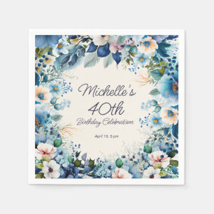 Navy Dusty Blue White Floral 40th Birthday Napkin