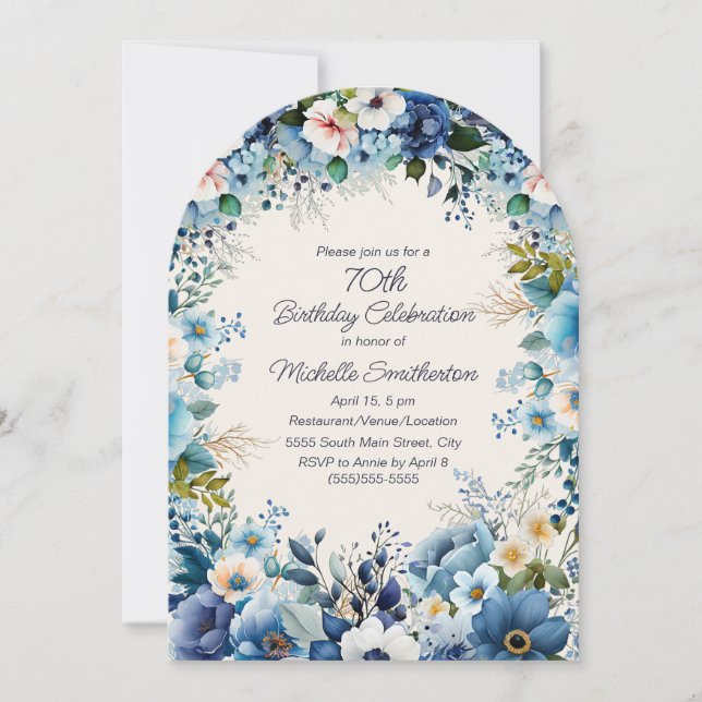 Navy Dusty Blue White Floral 70th Arch Birthday Invitation (Front)