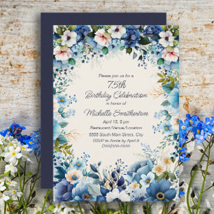 Navy Dusty Blue White Floral 75th Birthday  Invitation