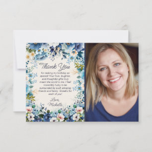 Navy Dusty Blue White Floral Birthday Photo Thank You Card