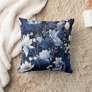 Navy Dusty Blue White Winter Flowers  Cushion