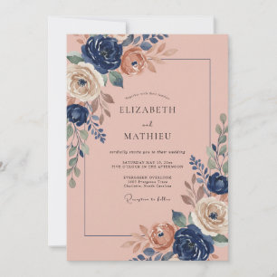 Navy Dusty Rose Botanical Watercolor Wedding Invitation