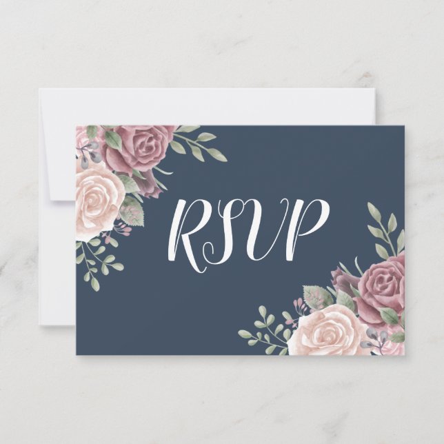 Navy Dusty Rose Rustic Watercolor Floral RSVP Card (Front)