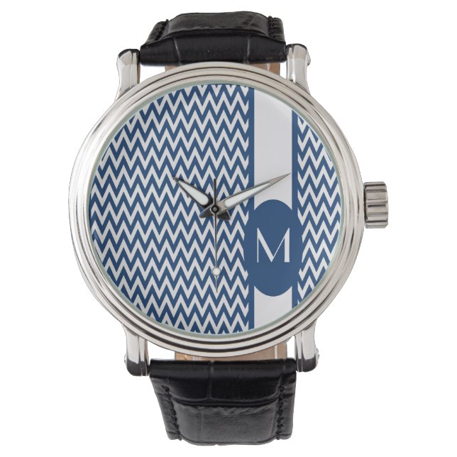 Navy Elegant Chevron Design with monogram Watch (Front)