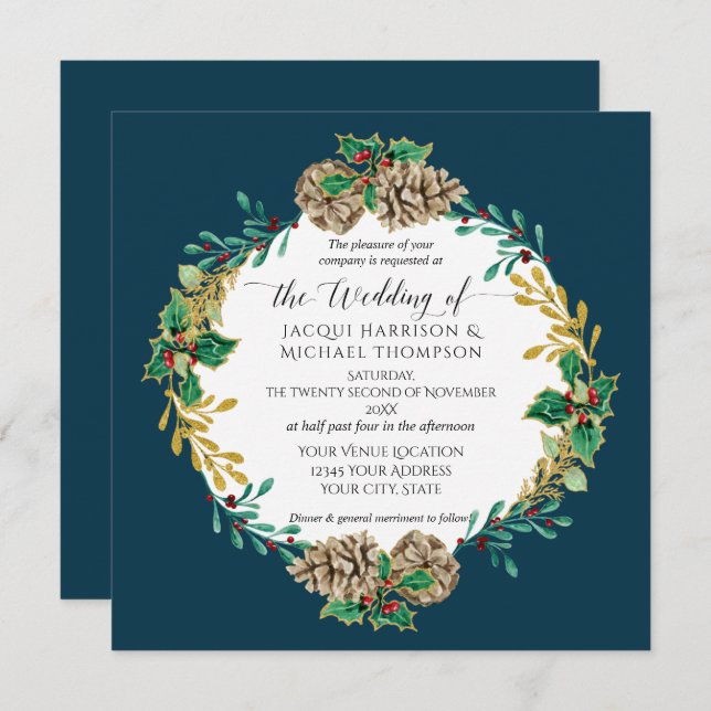 Navy Elegant Christmas Watercolor Gold Greenery Invitation (Front/Back)
