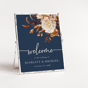 Navy Elegant Fall Leaves Wedding Poster