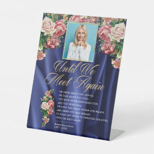 Navy Elegant Floral Rosy Photo Funeral Poem Pedestal Sign