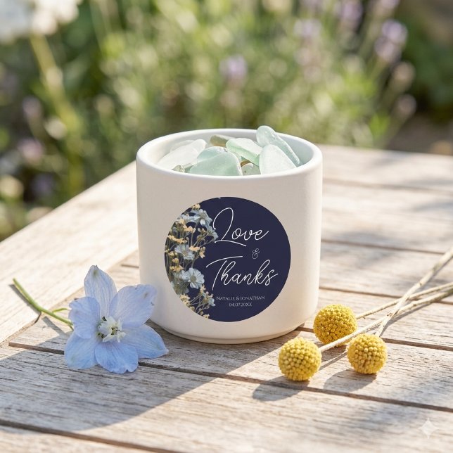 Navy Elegant Floral Wedding  Classic Round Sticker (Creator Uploaded)
