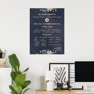 Navy Elegant Floral Wedding Program Poster