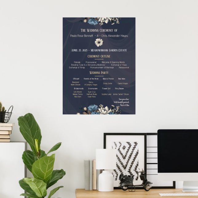 Navy Elegant Floral Wedding Program Poster (Home Office)