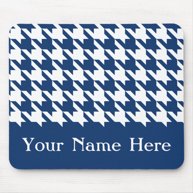 Navy Elegant Houndstooth with custom name Mouse Pad (Front)