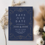 Navy elegant modern classic wedding save the date<br><div class="desc">Vintage elegance ornate swirl frame design in gold colour on colour editable navy blue background. Damask pattern with monogram design on the back, modern, elegant and classy, perfect for vintage wedding, art deco wedding all year round. Editable background colour to match your wedding theme colours. See all the matching pieces...</div>