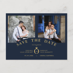 Navy Elegant Pink 2 Photos Sophisticated Wedding Postcard