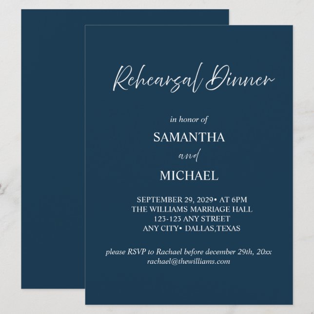 Navy Elegant Rehearsal Dinner Invitation (Front/Back)