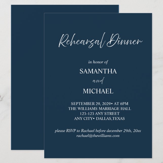 Navy Elegant Rehearsal Dinner Invitation (Front/Back)