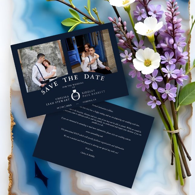 Navy Elegant Silver 2 Photos Sophisticated Wedding (Navy Elegant Silver 2 Photos Sophisticated Wedding Real Metallic Foil Save the Cards.)