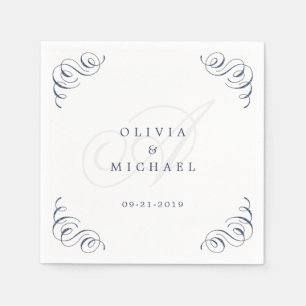 Navy elegant vintage flourish calligraphy wedding napkin