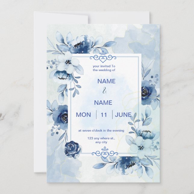 Navy elegant watercolor flower wedding invitation (Front)