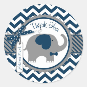 Navy Elephant and Chevron Print Thank You Classic Round Sticker