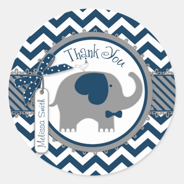 Navy Elephant and Chevron Print Thank You Classic Round Sticker (Front)