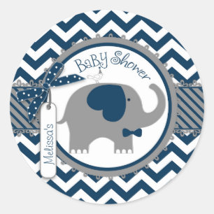 Navy Elephant Bow-tie Chevron Print Baby Shower Classic Round Sticker