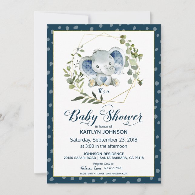 Navy Elephant Modern Baby Shower Invitation (Front)