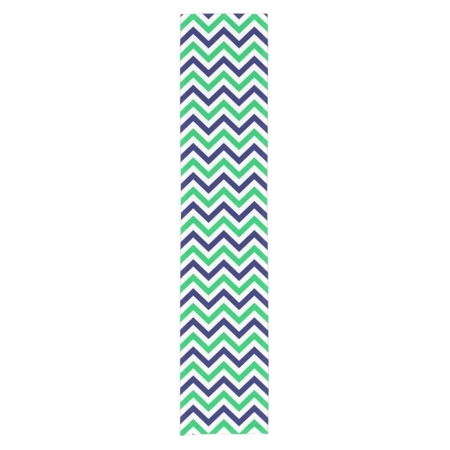 Navy, Emerald, White Large Chevron ZigZag Pattern Short Table Runner (Front)