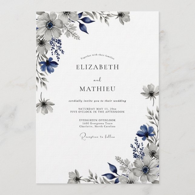 Navy Ethereal Blossom Wedding Invitation (Front)