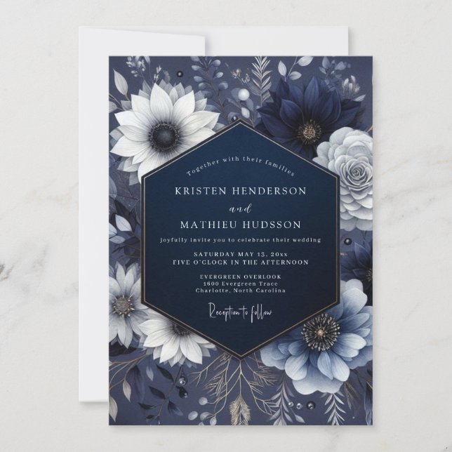 Navy Ethereal Floral Wedding Invitation (Front)