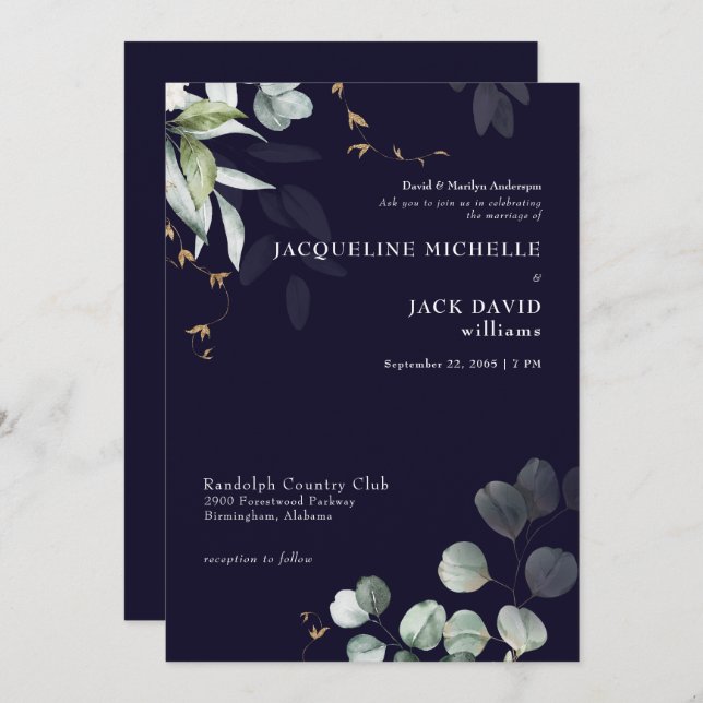 Navy Eucalyptus Elegance Bride Parents Wedding  Invitation (Front/Back)
