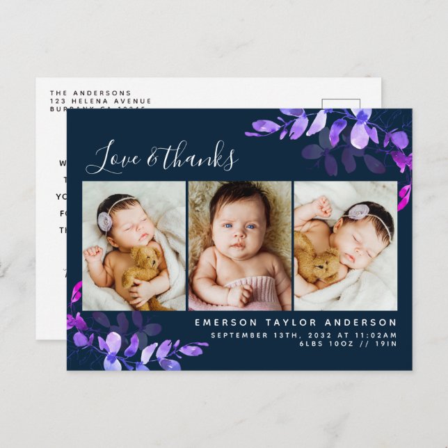 Navy Eucalyptus Photo Baby Thank You Announcement Postcard (Front/Back)
