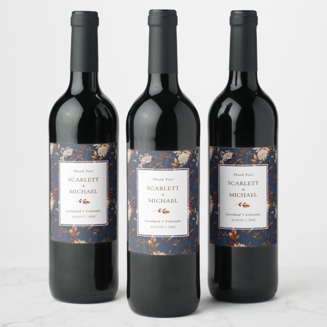 Navy Fall Leaves Wine Label (Bottles)