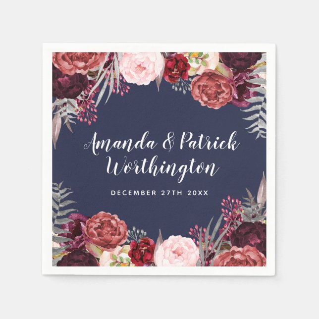 Navy Fall Marsala Blush Peony Wedding Napkins (Front)