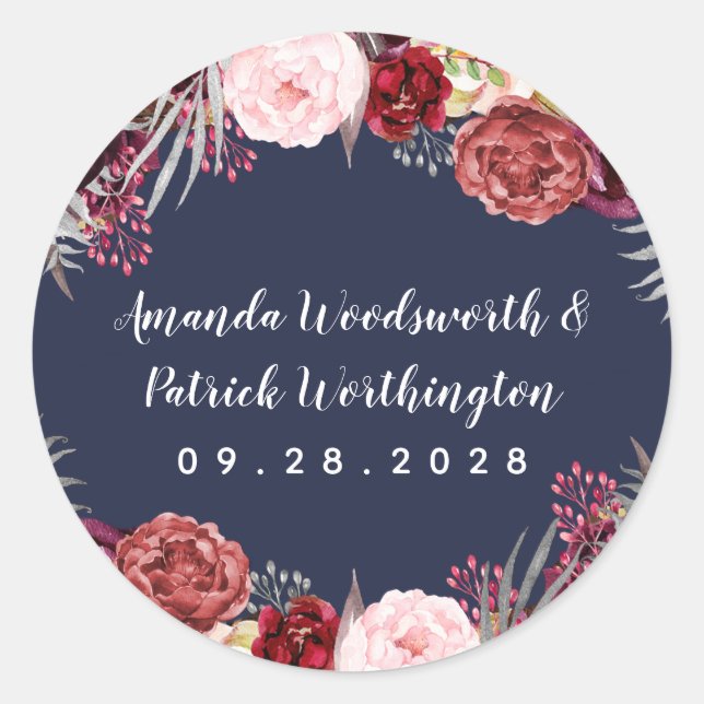Navy Fall Marsala Blush Pink Peony Wedding Favour Classic Round Sticker (Front)