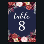 Navy Fall Marsala Peony Wedding Table Number Cards<br><div class="desc">Navy Fall Marsala Peony Wedding Table Number Cards - design features a navy blue background with various peonies,  roses,  and other floral elements in shades of Marsala,  burgundy,  blue pink,  grey and more. See the matching collection on this page to complete the look for your event.</div>