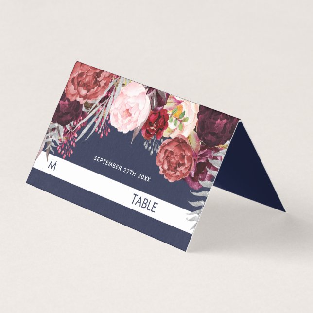 Navy Fall Marsala Peony Wedding Tent Place Cards (Front)