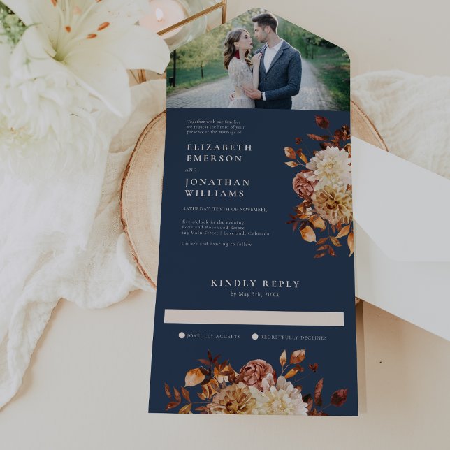 Navy Fall Photo Wedding All In One Invitation (Navy Blue Fall Wedding Photo All In One Invitation by Painted Paperie
)