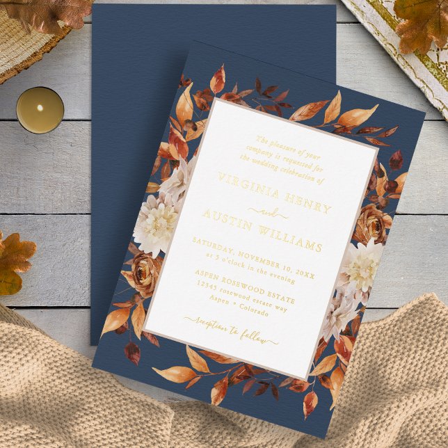 Navy Fall Wedding (Navy Blue Fall Watercolor Floral Gold Foil Wedding Invitation by Painted Paperie
)