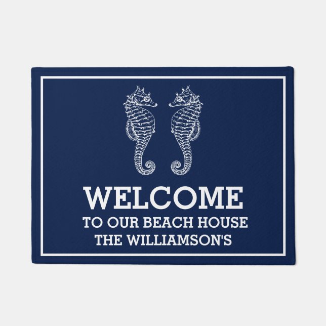 Navy Family Name  Beach House | Seahorse Doormat (Front)