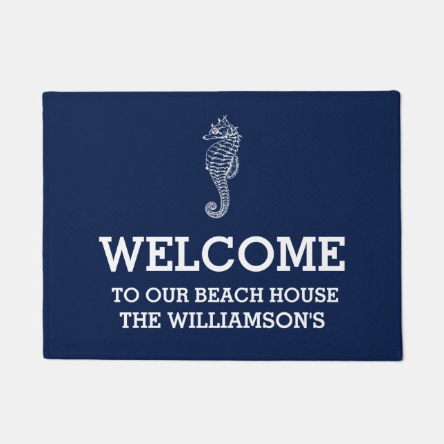 Navy Family Name  Beach House | Seahorse Doormat (Front)