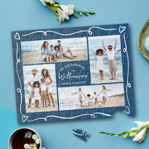 Navy Family Photo Collage Hand Drawn Doodle Hearts Jigsaw Puzzle