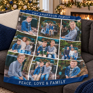 Navy Family Photo Collage Peace Love Fleece Blanket