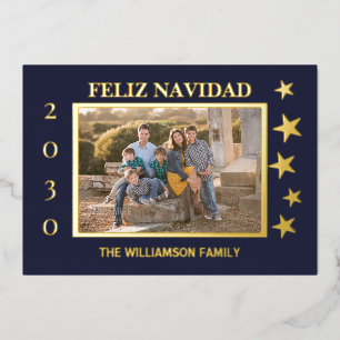 Navy Family Photo Feliz Navidad Gold Foil 
