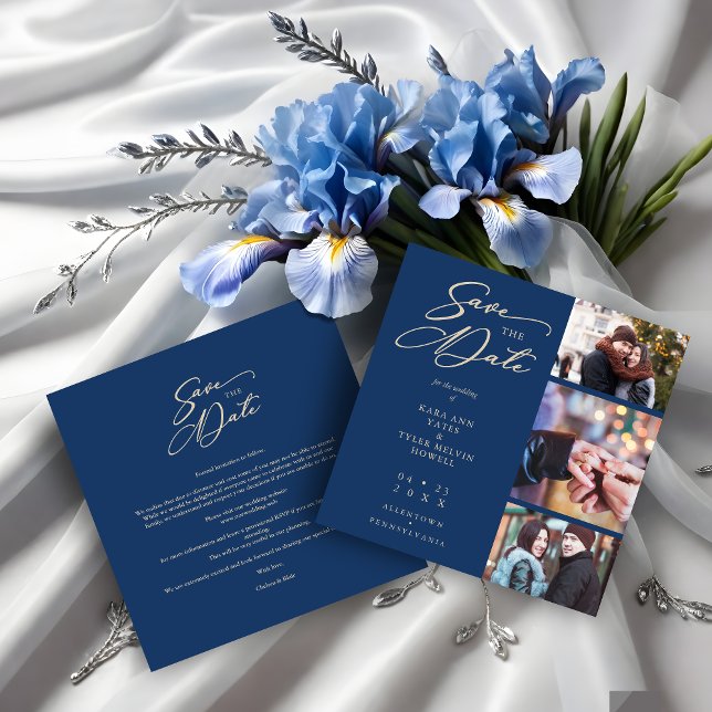 Navy Fancy Collage 3 Photos Couple Wedding Save The Date (Navy Fancy Collage 3 Photos Couple Wedding Engaged Save the Date.)